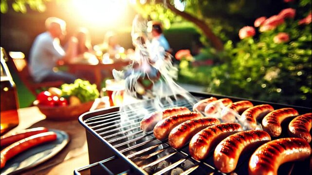 Grilled sausages sizzling on barbecue grill in sunny backyard close-up cooking scene
