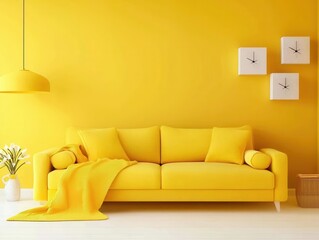 Bright and Modern Yellow Living Room with Cozy Sofa and Decor