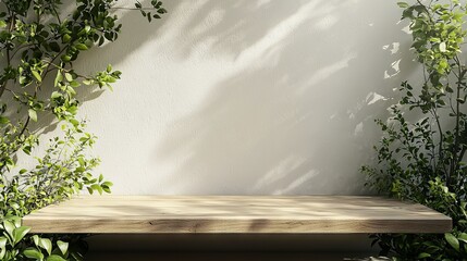 Fototapeta premium Fresh Natural Greenery Surrounding Empty Wooden Shelf Space