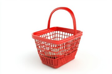 A red plastic basket with a handle sitting on a white surface in a studio setting indoors shot close up transparent background