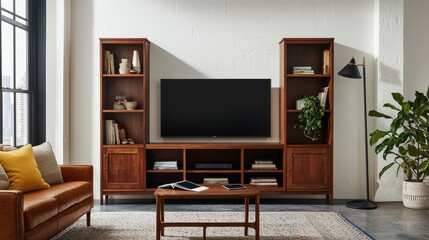 Fototapeta premium Modern Living Room with Wooden Furniture and Cozy Atmosphere