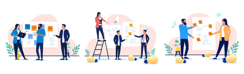 Business workshop illustration collection - Set of vector graphics with people working with sticky notes coming up with solutions on whiteboard with sketches for company strategy or project
