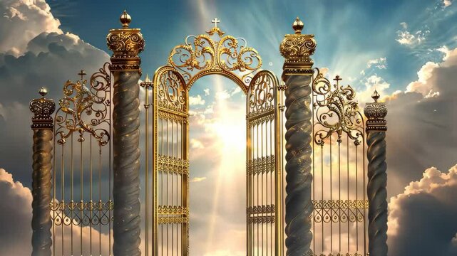 A magnificent set of golden gates stands amidst fluffy clouds, illuminated by warm sunlight, evoking a sense of peace and divine beauty in a tranquil celestial setting.