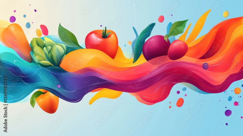 Aufkleber Fresh groceries intertwined in dynamic flow with vibrant colors and smooth liquid gradients creating an abstract background Generative AI