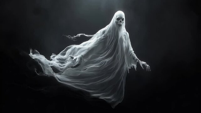 Sinister ghostly figure with a skeletal face, glowing eyes, and flowing white cloak on a black background