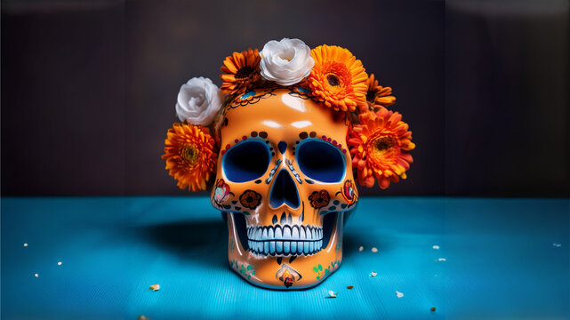 A vibrant video of a traditional Mexican sugar skull, beautifully adorned with floral and geometric designs. Set in a warm, festive ambiance, honoring cultural heritage and ancestral traditions.