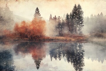 Misty Autumn River Reflections Serene Forest Landscape.