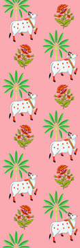 Pichwai Cow With Palm Tree Floral Seamless Pattern