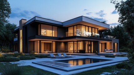 Evening elegance modern luxury home urban setting exterior image dusk atmosphere wide angle view upscale living concept
