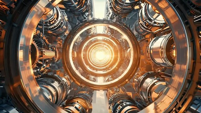 surreal landscape with repeating geometric shapes, pipes, and gears, creating a mesmerizing industrial pattern
