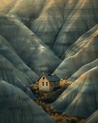 Obraz premium Solitary home cracked wall sits middle of breathtaking barren valley enclosed massive eroded cliff terrain's organic pattern deep shadow enhance sense of scale while golden hour lighting creates