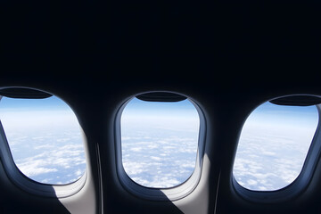 Naklejka premium View from an airplane window showing clouds and sunlight.