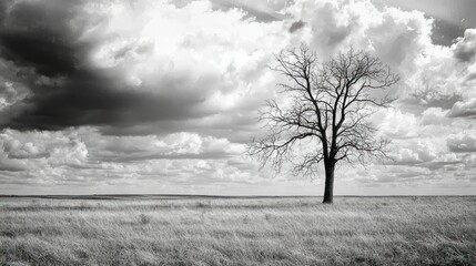 Fototapeta premium A lone tree standing tall in a field after a storm, symbolizing strength and perseverance.