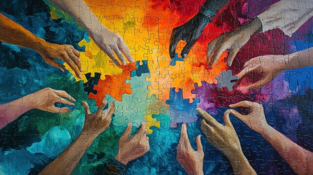 A colorful puzzle with diverse hands placing pieces, symbolizing inclusivity and teamwork.