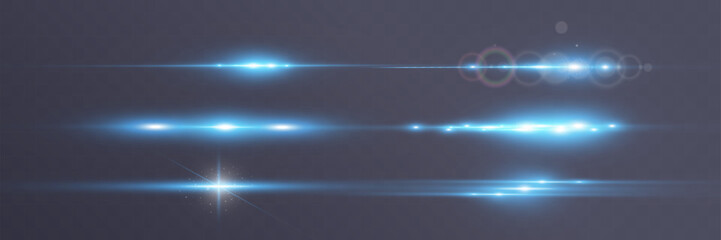 Set of blue horizontal glow effects resembling stars or suns with radiant highlights. Features light energy explosions and flares. Vector artwork ideal for digital, abstract, or futuristic designs.	
