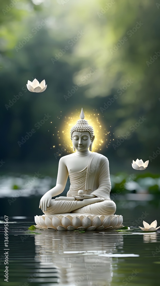 Poster a serene 3d render of a buddha statue in deep contemplation surrounded by glowing lotus flowers floa