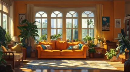 Sunny living room with orange couch, city view, and plants. Interior design