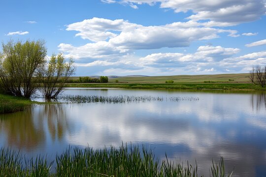 Reflective pond scenery under a partly cloudy, blue sky