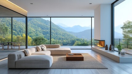 Fototapeta premium Modern living room with panoramic mountain views and cozy fireplace during daylight hours