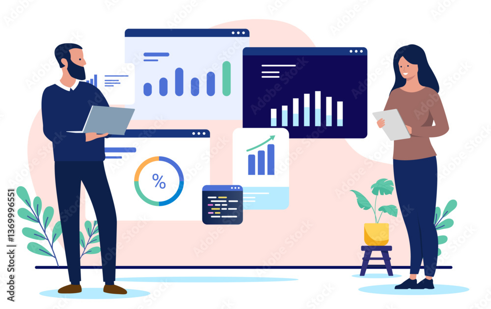 Poster people and business data - two businesspeople, man and woman standing using computers looking at cha