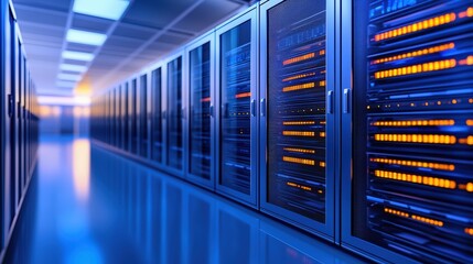 A modern data center corridor filled with illuminated server racks, showcasing a high-tech environment and advanced technology.