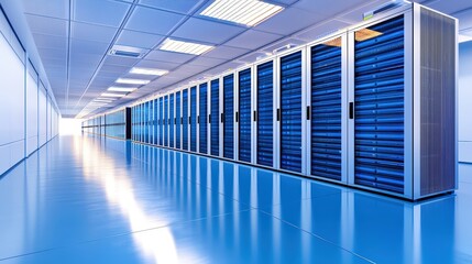 Obraz premium A sleek, modern data center featuring rows of blue server racks in a brightly lit, spacious environment.