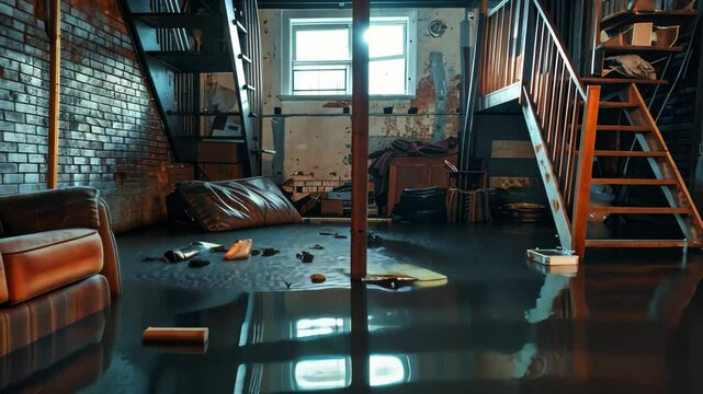 A basement is flooded with water following heavy rainfall, causing furniture to become partially submerged. The dimly lit space shows signs of water damage and disarray.