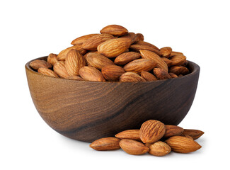 Almond nuts in wooden bowl and pile isolated on white background
