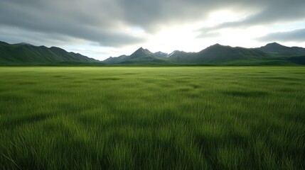 Fototapeta premium Lush green field stretching to mountains