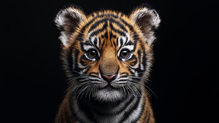 Fototapeta premium Majestic Close-Up of a Young Tiger on a Solid Black Background