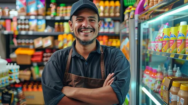 A shopkeeper stands with his arms crossed, smiling in his store filled with various snacks and beverages, creating a welcoming atmosphere for customers.