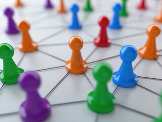 Colorful Game Pieces on a Network Grid Representing Connections