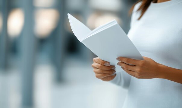Woman is carefully reading a blank white brochure or magazine, providing copy space.