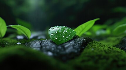 Naklejka premium Fresh green leaf on a rock, surrounded by moss and other leaves