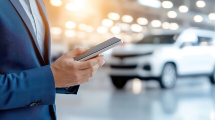 A person in a suit holds a smartphone in a modern setting, with a car in the background, suggesting a connection to automotive or business environments.