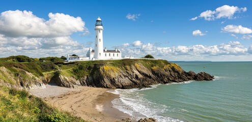 Scenic Lighthouse on Coastal Cliff with Blue Sky and Ocean View
