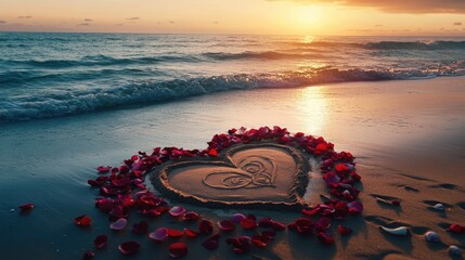 A calm seashell-lined beach at sunrise featuring a heart-shaped sand drawing filled with fresh rose petals