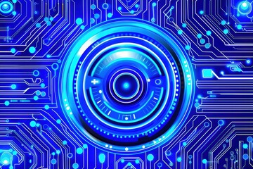 A futuristic blue circuit design featuring a central lens, symbolizing technology and innovation.