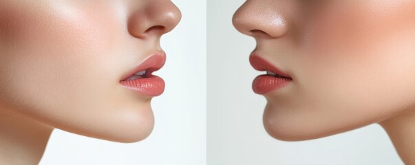 Collage of young woman before and after lips augmentation procedure, white studio background, cropped, panorama