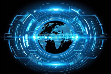 Obraz premium A futuristic digital representation of Earth, surrounded by blue neon graphics, symbolizing global connectivity and technology.