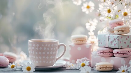 A charming flat-lay of a steaming cup of chamomile tea in a delicate ceramic mug