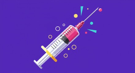 Syringe with pink liquid medicine on purple background with copy space. World immunization week. Vaccination, Injection and immune system strengthening. Medical research. Vaccine for children