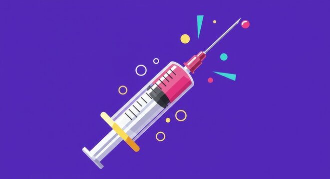 Syringe with pink liquid medicine on purple background with copy space. World immunization week. Vaccination, Injection and immune system strengthening. Medical research. Vaccine for children - Powered by Adobe