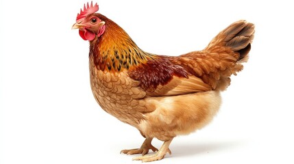 Fototapeta premium A charming brown chicken with a vibrant red comb stands proudly against a clean, white backdrop