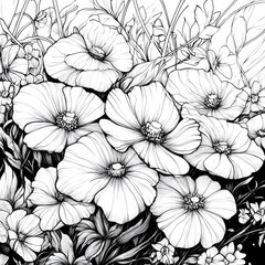 Black and white line drawing of blooming wildflowers with soft petals and rich foliage, created as a detailed botanical coloring book illustration.