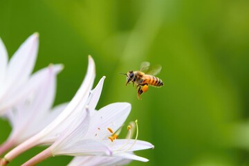 Naklejka premium Honeybee in flight near white lily on green background