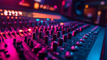 Fototapeta premium Vibrant sound mixer with colorful lights in a modern studio during a night music production session