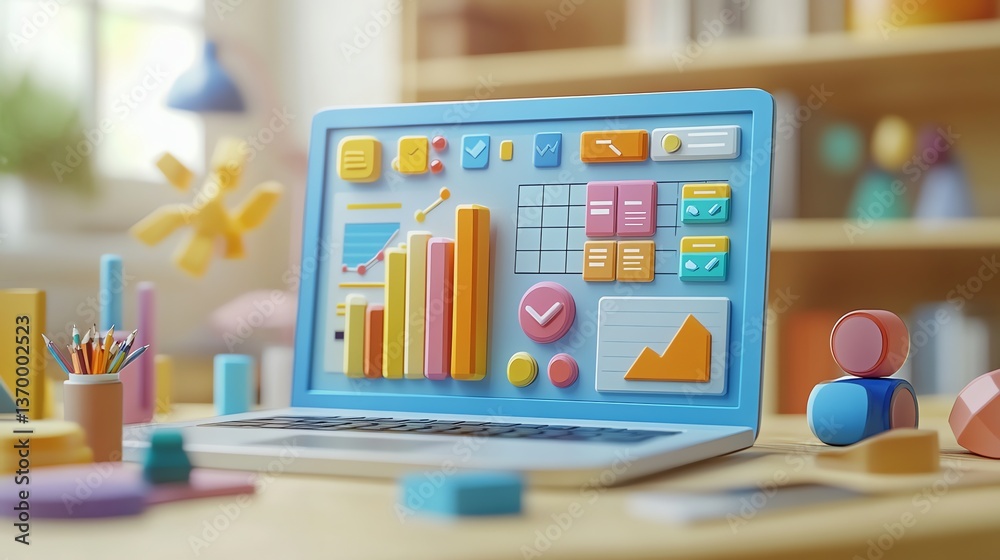 Poster laptop displaying colorful data charts and ui elements in playful 3d style