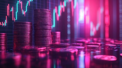 Financial market analysis shows rising trends with coin stacks and digital graphs