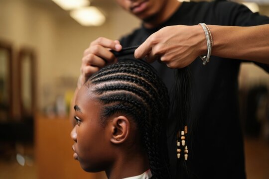 African female teen getting cornrows styled by hairdresser in salon